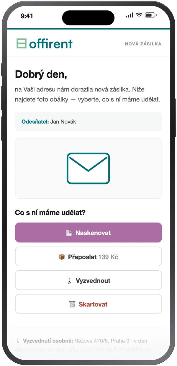E-mail od Offirentu s notifikací o nové zásilce na mobilu